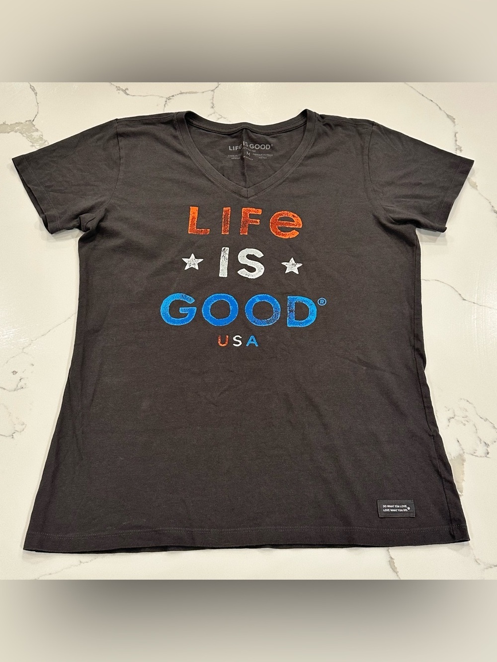 Life is Good Gray Crusher Tee Shirt Women M V Neck Graphic Tee USA Patriotic